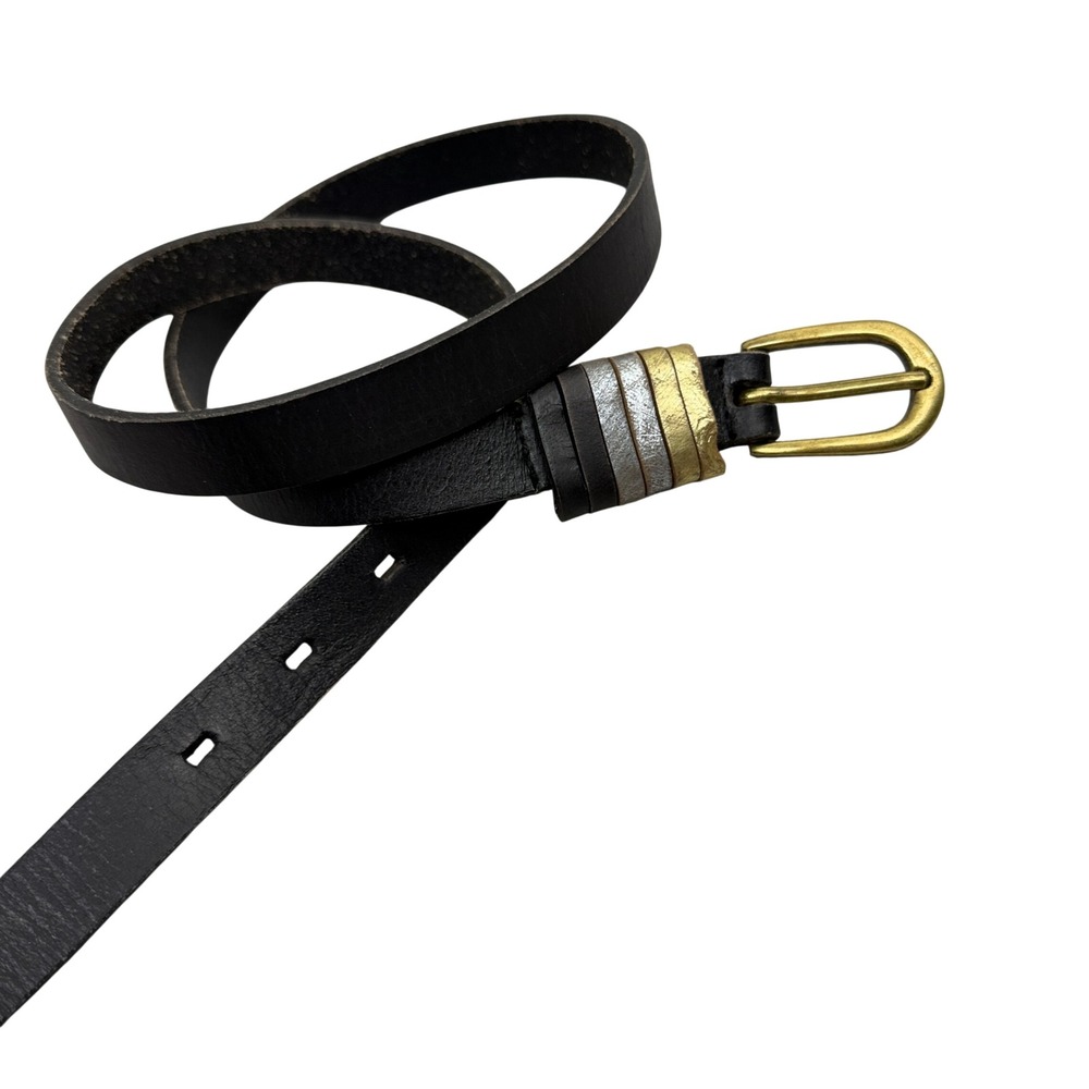 LP Blue LInea Pelle Belt Womens Small Black Leather Skinny Metallic Gold Silver